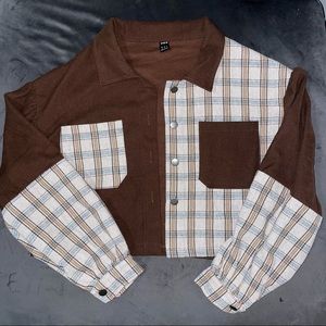 SHEIN | Brown Tartan Panel Corduroy Crop Shacket | Size: M